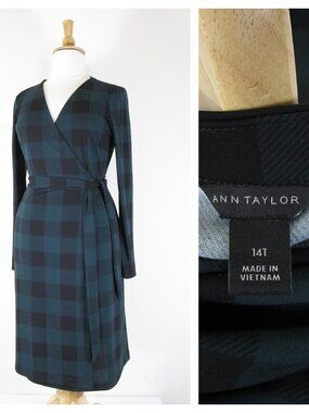 Ann Taylor Plus Size Dark Green Black Buffalo Plaid Wrap Midi Dress 14 Tall